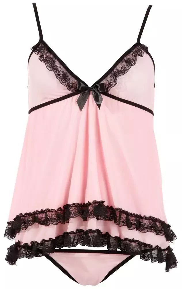 Cottelli Collection Babydoll Pink M – Nėriniais dekoruotas naktinių drabužių komplektas