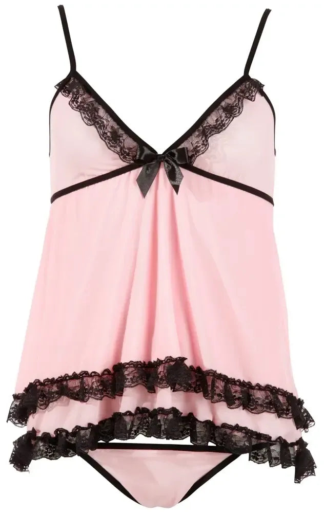 Cottelli Collection Babydoll Pink XL nėriniais dekoruotas naktinių drabužių komplektas