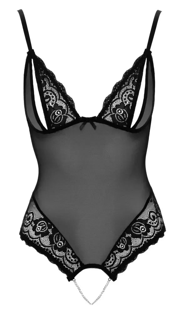 Cottelli Collection Body L pusiau permatomas bodis su nėriniais ir perlais, juodas