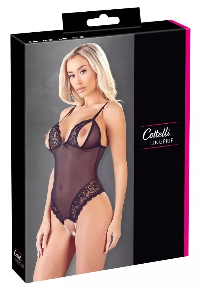 Cottelli Collection Body L pusiau permatomas bodis su nėriniais ir perlais, juodas