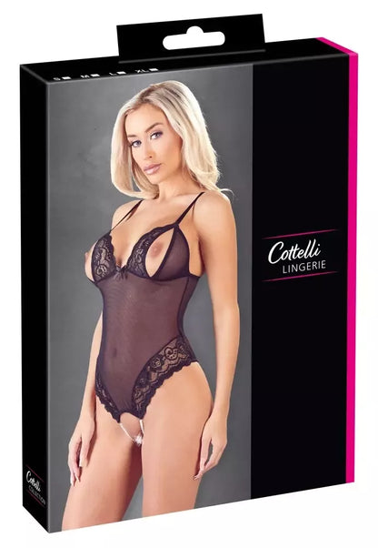 Cottelli Collection Body L pusiau permatomas bodis su nėriniais ir perlais, juodas