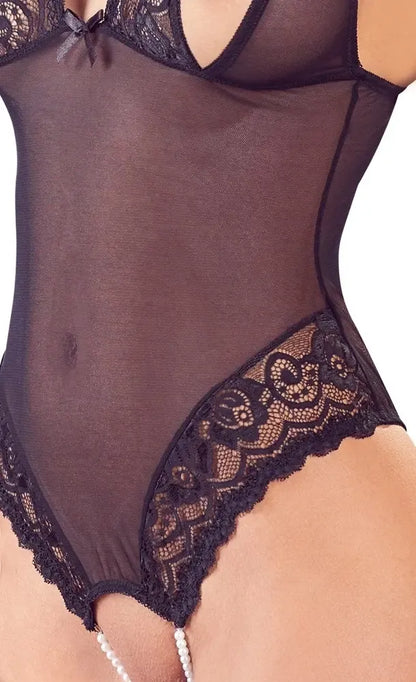 Cottelli Collection Body L pusiau permatomas nėriniuotas bodis su perlais, juodas
