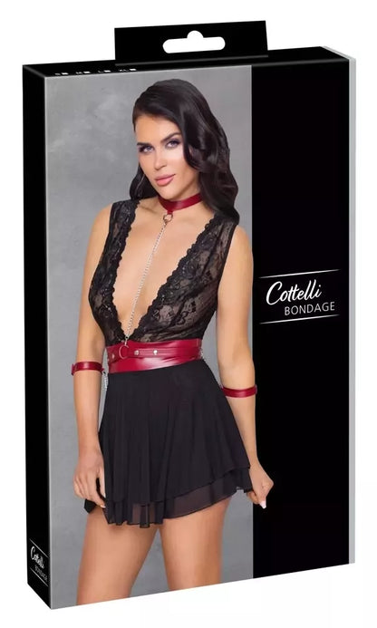 Cottelli Collection Bondage Babydoll M - juoda ir raudona, reguliuojamas, su nėriniais