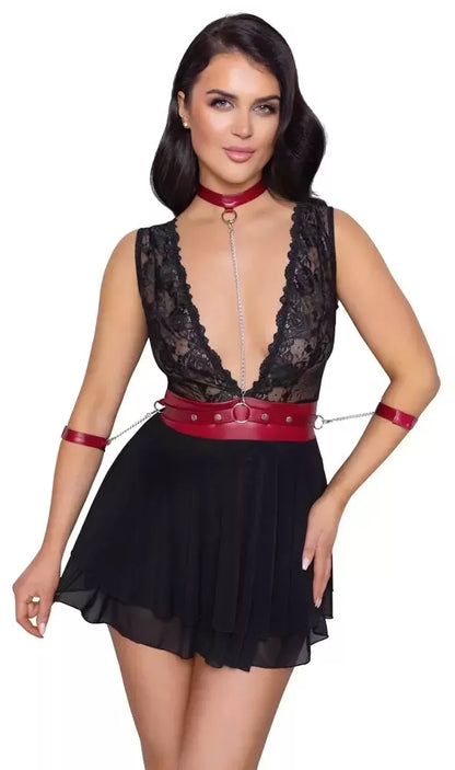 Cottelli Collection Bondage Babydoll M - juoda ir raudona, reguliuojamas, su nėriniais
