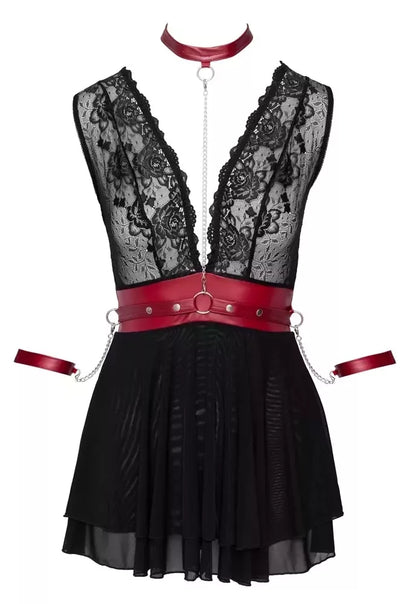 Cottelli Collection Bondage Babydoll M - juoda ir raudona, reguliuojamas, su nėriniais
