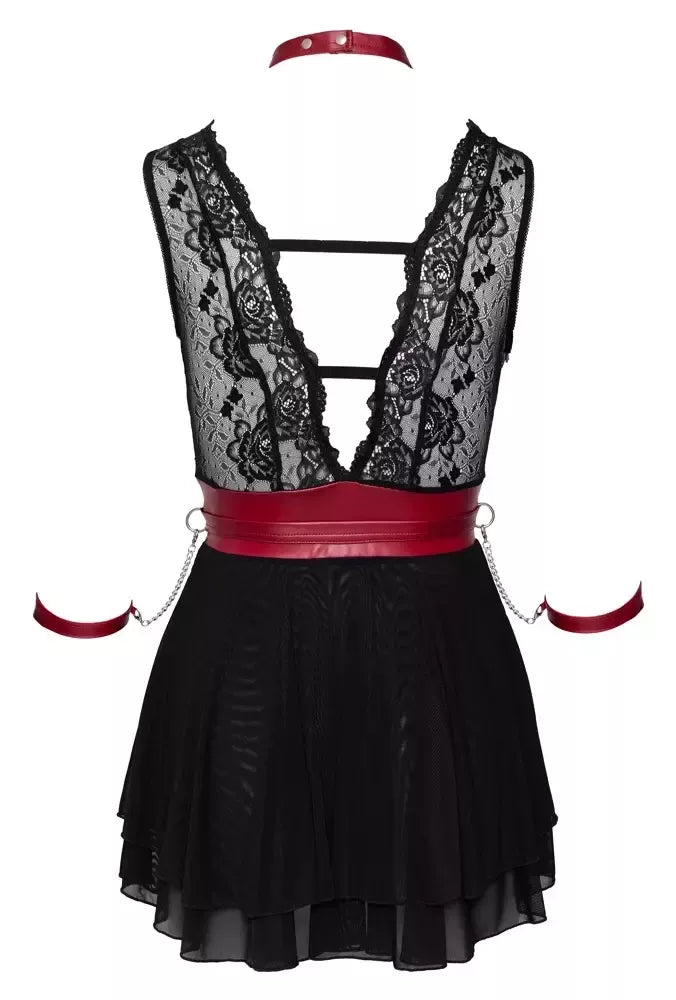 Cottelli Collection Bondage Babydoll M - juoda ir raudona, reguliuojamas, su nėriniais