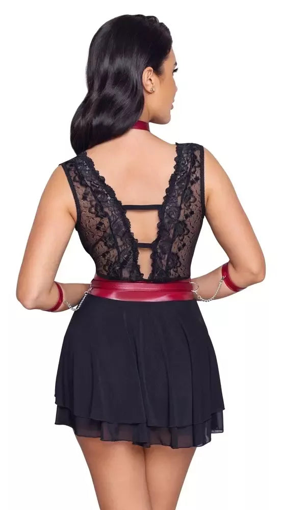 Cottelli Collection Bondage Babydoll M - juoda ir raudona, reguliuojamas, su nėriniais