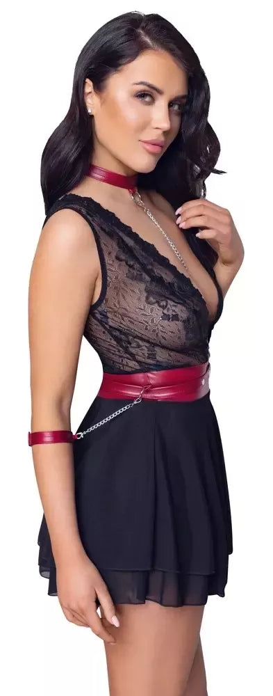 Cottelli Collection Bondage Babydoll M - juoda ir raudona, reguliuojamas, su nėriniais