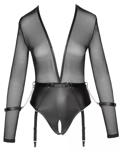 Cottelli Collection Bondage Body juodas matinio efekto su rankovėmis ir antrankiais L dydis