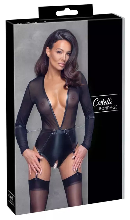 Cottelli Collection Bondage Body juodas matinio efekto su rankovėmis ir antrankiais L dydis