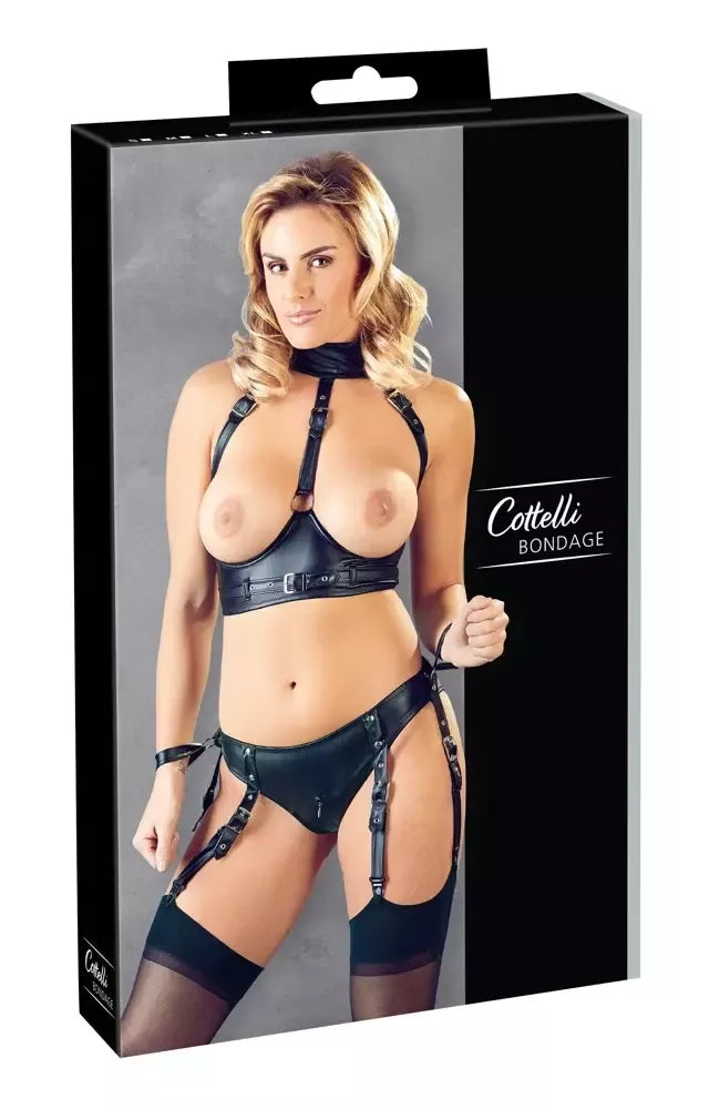 Cottelli Collection Bondage Bra Set S – reguliuojamas, su dvipusiu užtrauktuku, juodas