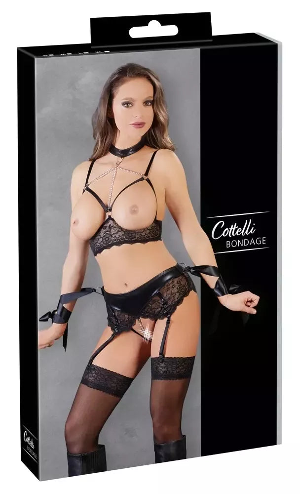 Cottelli Collection Bondage stiliaus liemenėlės komplektas su grandinėlėmis ir vėriniu, M dydis