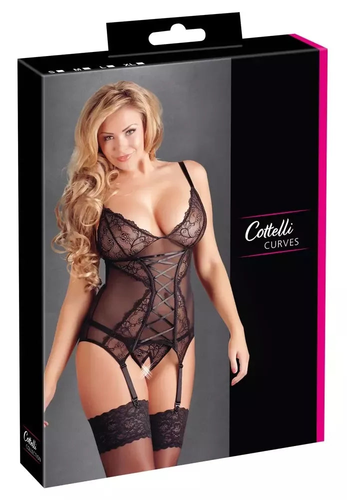 Cottelli Collection Cami Suspender Set 4XL juodas nėriniuotas reguliuojamas komplektas