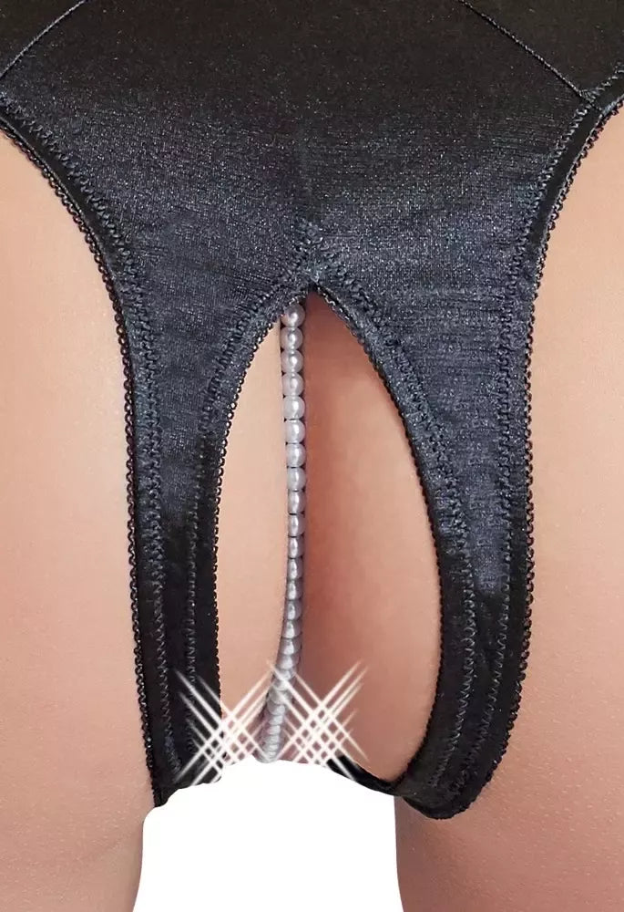 Cottelli Collection G-String Pearls Black S atlasinės kelnaitės su perlais