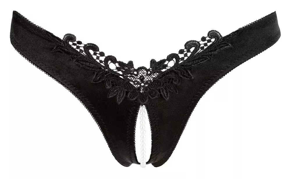 Cottelli Collection G-String Pearls Black S atlasinės kelnaitės su perlais