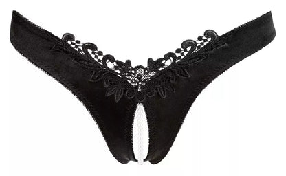 Cottelli Collection G-String Pearls Black S atlasinės kelnaitės su perlais