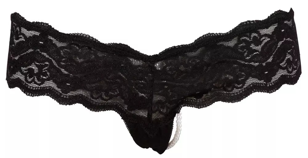 „Cottelli Collection“ gėlėtais nėriniais puoštas juodos spalvos stygos (L dydis) su perlų detalėmis