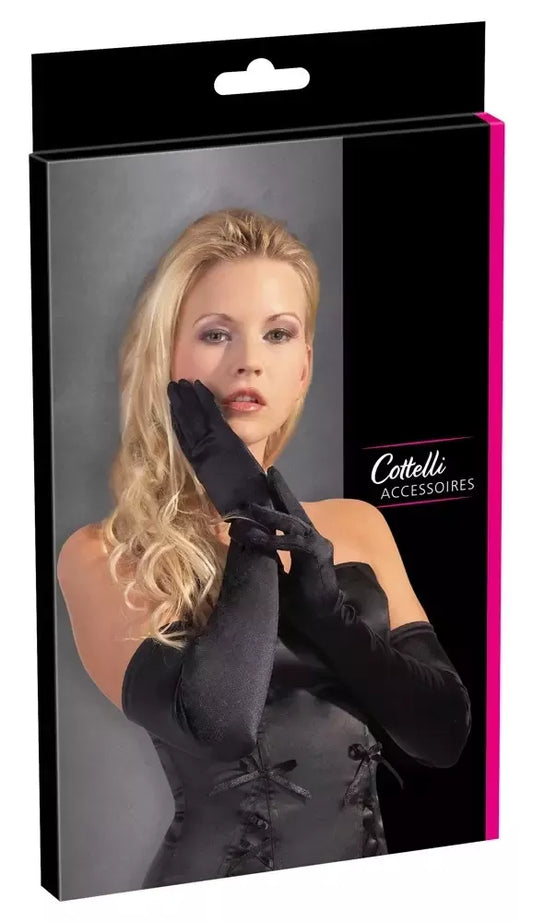 „Cottelli Collection“ ilgos juodos atlasinės pirštinės S-L, elegantiškos ir tamprios