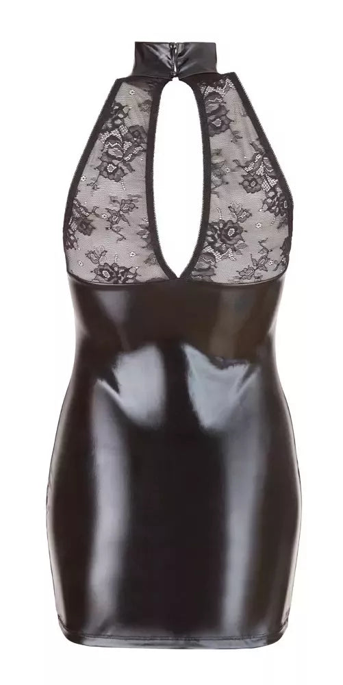 Cottelli Collection juoda nėrinių ir „wet look“ suknelė XL, aukšta apykaklė