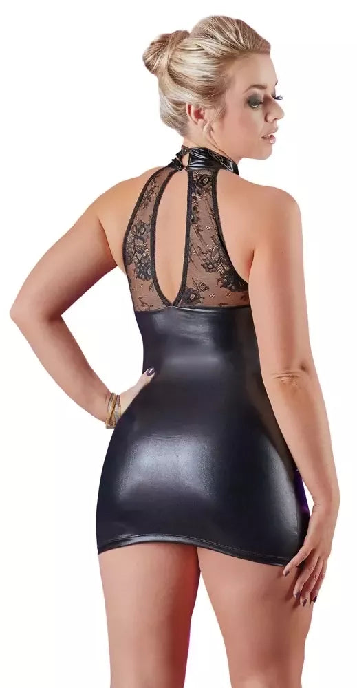 Cottelli Collection juoda nėrinių ir „wet look“ suknelė XL, aukšta apykaklė