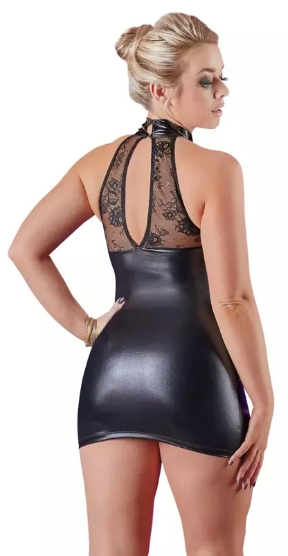 Cottelli Collection juoda nėrinių ir „wet look“ suknelė XL, aukšta apykaklė