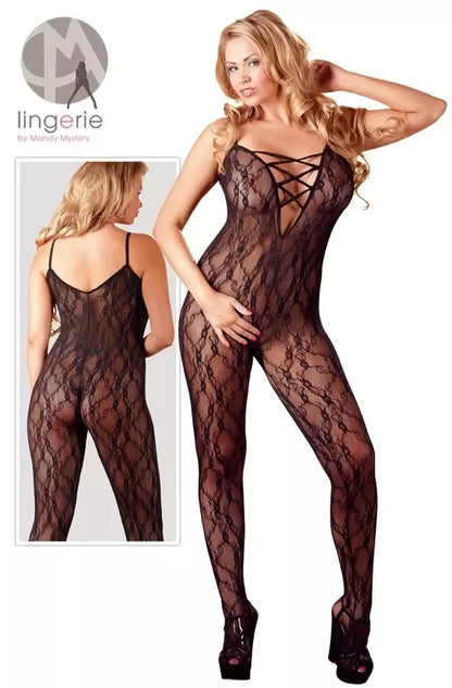 Cottelli Collection juodas bodis XXL-XXXL, švelnūs nėriniai, atviras dizainas