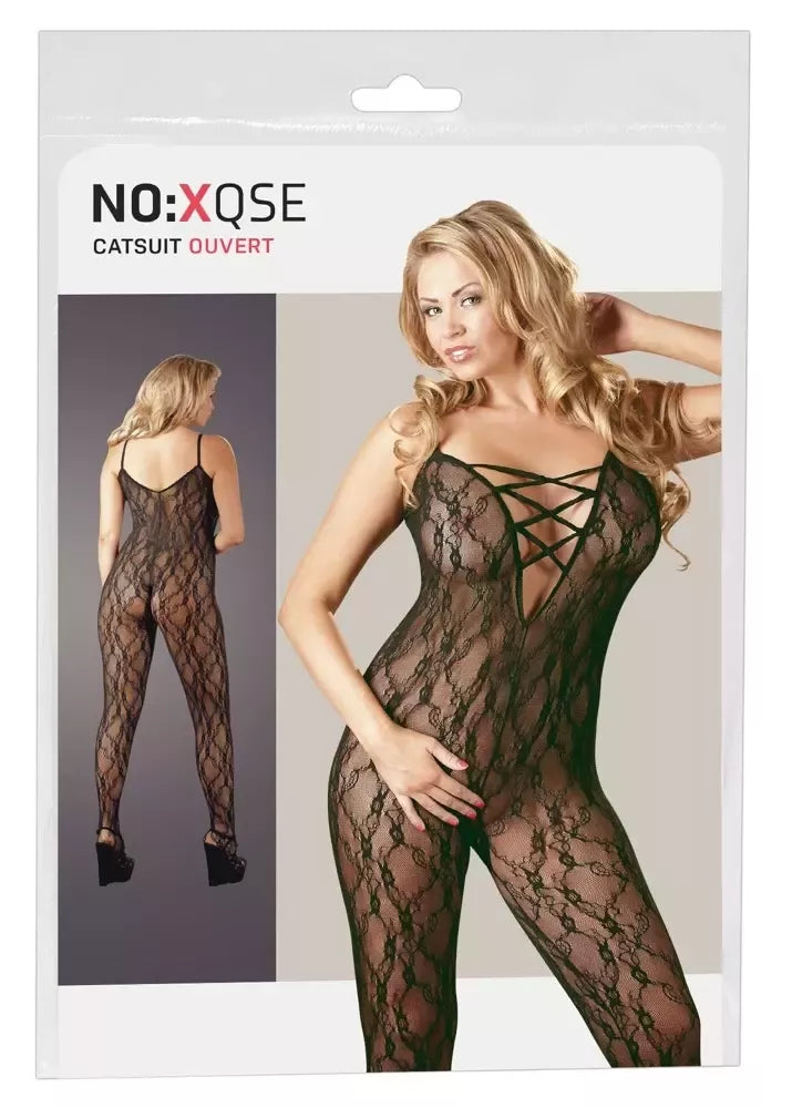 Cottelli Collection juodas bodis XXL-XXXL, švelnūs nėriniai, atviras dizainas
