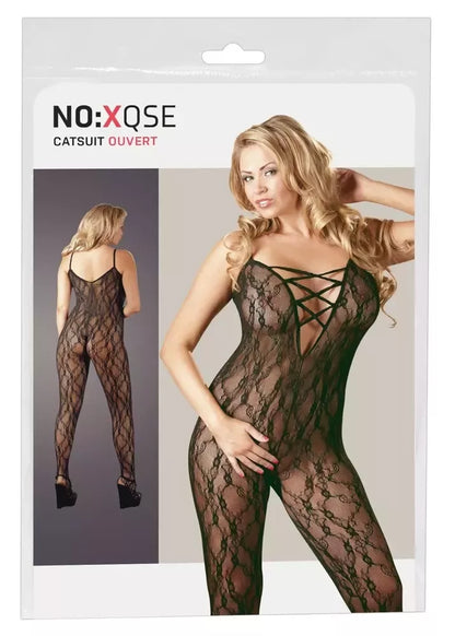 Cottelli Collection juodas bodis XXL-XXXL, švelnūs nėriniai, atviras dizainas