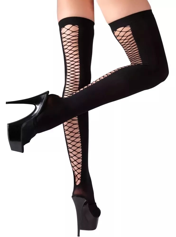 Cottelli Collection kojinės aukščiau kelių su tinklelio siūle S/M juodos