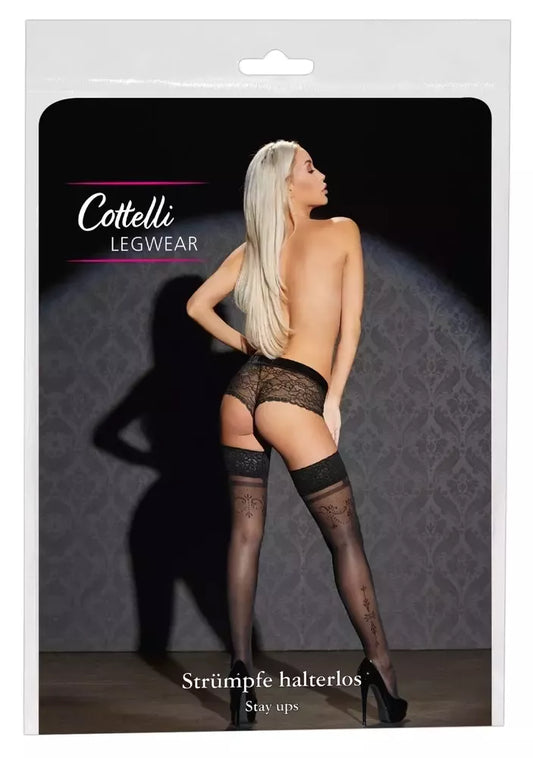 Cottelli Collection kojinės laikikliais, juodos, nėriniuotos, su silikoniniu laikikliu, M dydis