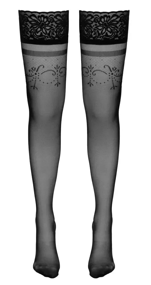 Cottelli Collection kojinės laikikliais, juodos, nėriniuotos, su silikoniniu laikikliu, M dydis
