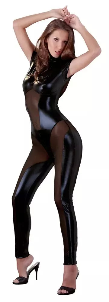 Cottelli Collection kombinezonas Black Wet Look S su Powernet intarpais