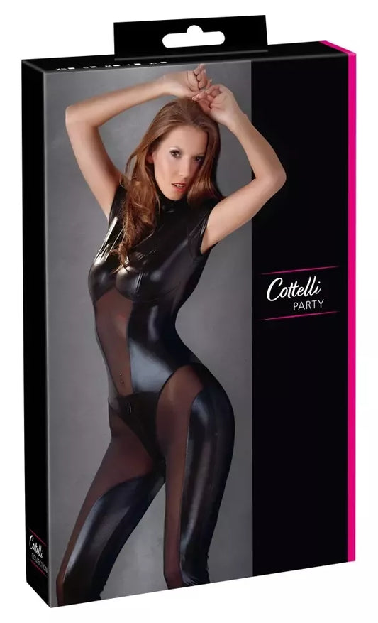 Cottelli Collection kombinezonas, juodas, drėgnas (wet look) efektas, powernet tinklelis, M dydis, užtrauktukų dizainas