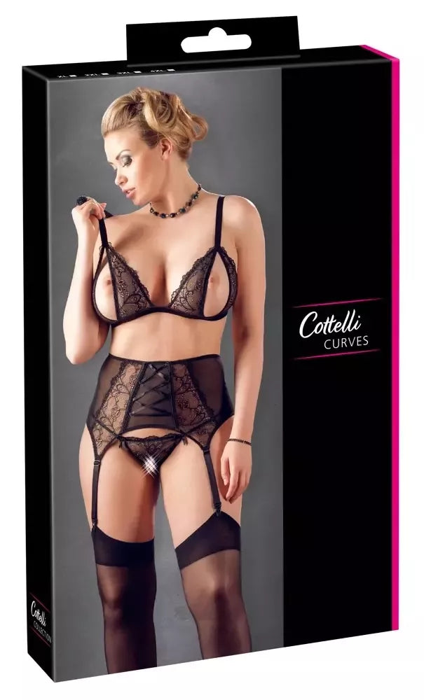 Cottelli Collection liemenėlės ir diržo kojinėms komplektas XL – nėriniai, reguliuojamos petnešėlės