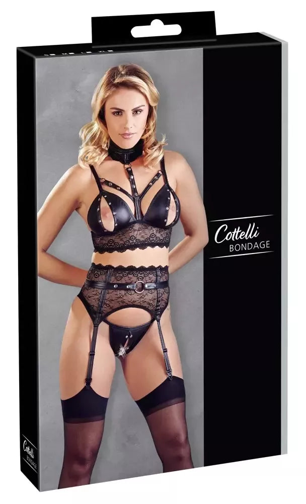 Cottelli Collection liemenėlės ir diržo kojinėms rinkinys L, gėlėti nėriniai, matinis juodas