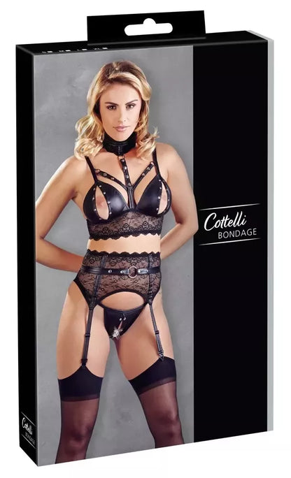 Cottelli Collection liemenėlės ir diržo kojinėms rinkinys L, gėlėti nėriniai, matinis juodas
