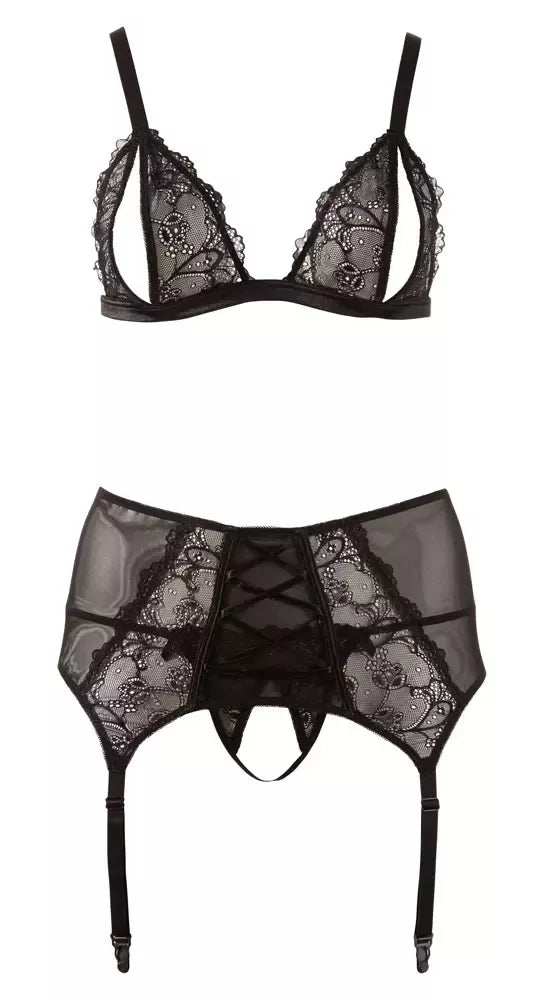 Cottelli Collection nėrinių liemenėlės ir diržo kojinėms komplektas 4XL, reguliuojamas, juodas