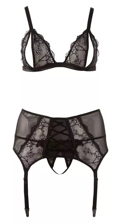 Cottelli Collection nėrinių liemenėlės ir diržo kojinėms komplektas 4XL, reguliuojamas, juodas