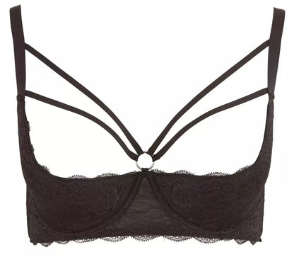 Cottelli Collection nėriniuota liemenėlė „Shelf Bra 85E“ su dekoratyviniais dirželiais, juoda