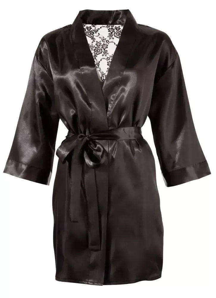 Cottelli Collection nėriniuotas kimono S/M – atlasinis ir gėlėtų nėrinių chalatas