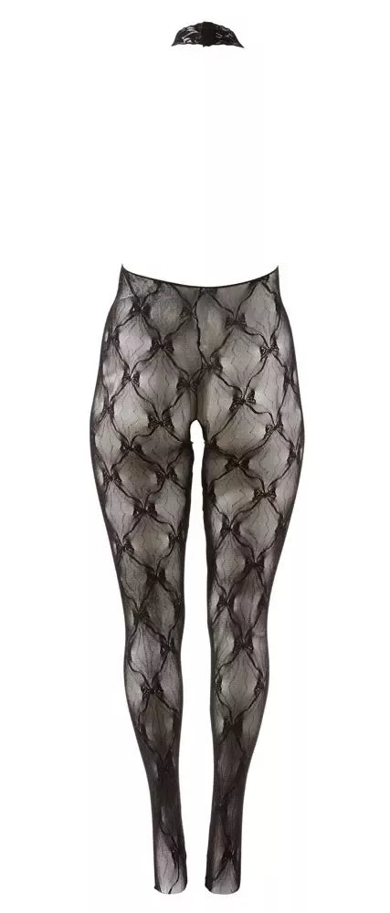 Cottelli Collection nėriniuotas kombinezonas atvira krūtine XL-XXL, juodas, su uždaromis pėdomis, per kaklą rišama petnešėle