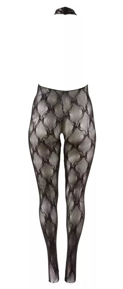 Cottelli Collection nėriniuotas kombinezonas atvira krūtine XL-XXL, juodas, su uždaromis pėdomis, per kaklą rišama petnešėle