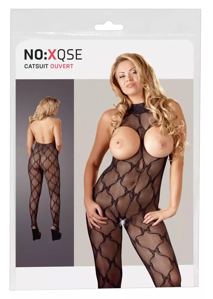 Cottelli Collection nėriniuotas kombinezonas atvira krūtine XL-XXL, juodas, su uždaromis pėdomis, per kaklą rišama petnešėle