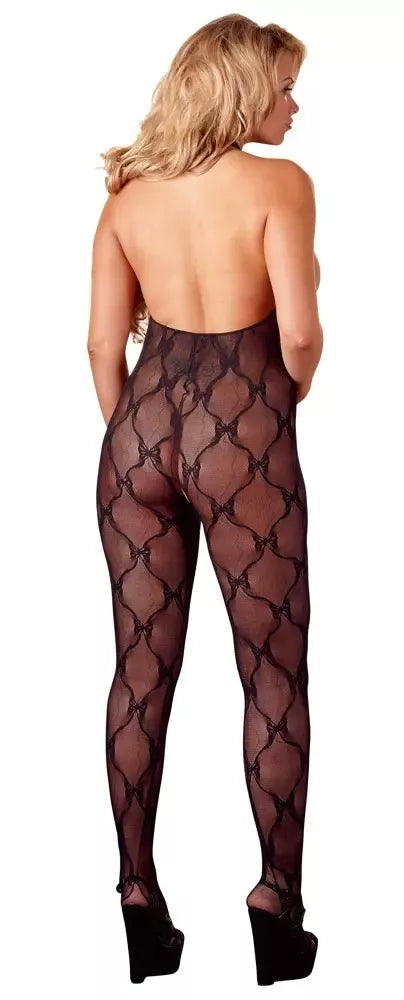 Cottelli Collection nėriniuotas kombinezonas atvira krūtine XL-XXL, juodas, su uždaromis pėdomis, per kaklą rišama petnešėle