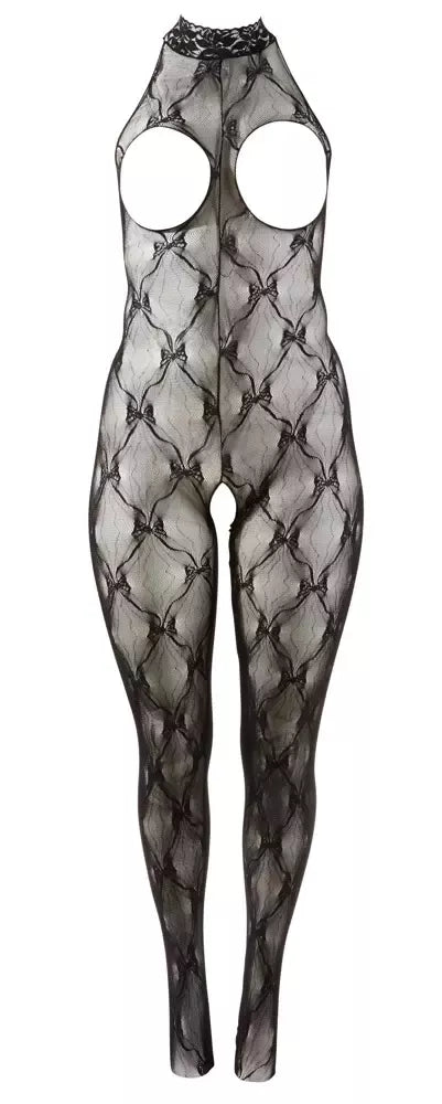 Cottelli Collection nėriniuotas kombinezonas atvira krūtine XL-XXL, juodas, su uždaromis pėdomis, per kaklą rišama petnešėle