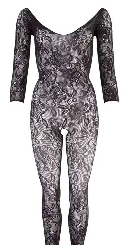 Cottelli Collection nėriniuotas kombinezonas S-L, juodas, gėlėtas, vientisas dizainas