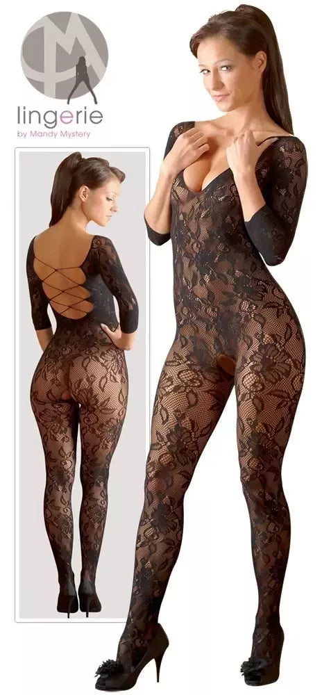 Cottelli Collection nėriniuotas kombinezonas S-L, juodas, gėlėtas, vientisas dizainas