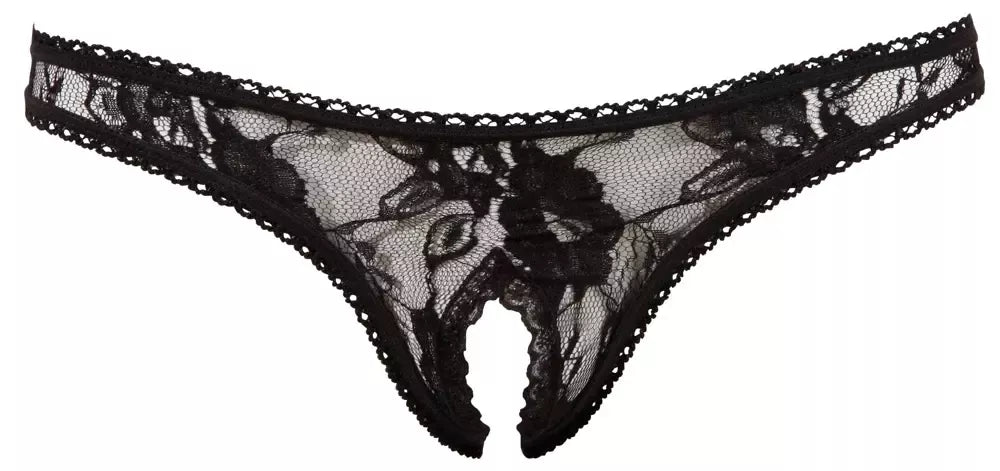 Cottelli Collection nėriniuotos string kelnaitės su atviru klynu, juodos spalvos, XL dydžio – gėlių raštas