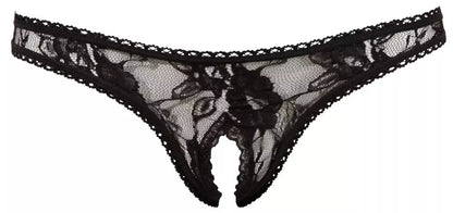 Cottelli Collection nėriniuotos string kelnaitės su atviru klynu, juodos spalvos, XL dydžio – gėlių raštas