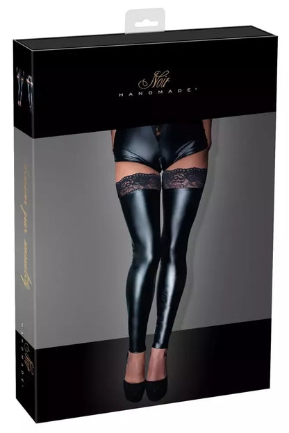 Cottelli Collection nėriniuotos „wet look“ kojinės XL juodos su silikonu